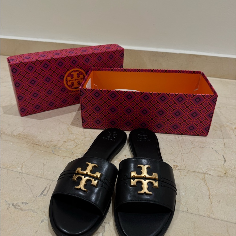 Tory Burch Women’s Black Eleanor Slide Sandals with Gold Logo